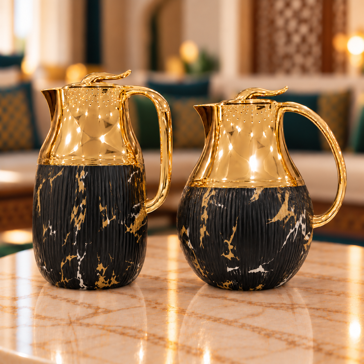 Rafeeva Gold Neck Round Thermos Set of 2 in Black Marble