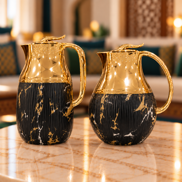 Rafeeva Gold Neck Round Thermos Set of 2 in Black Marble