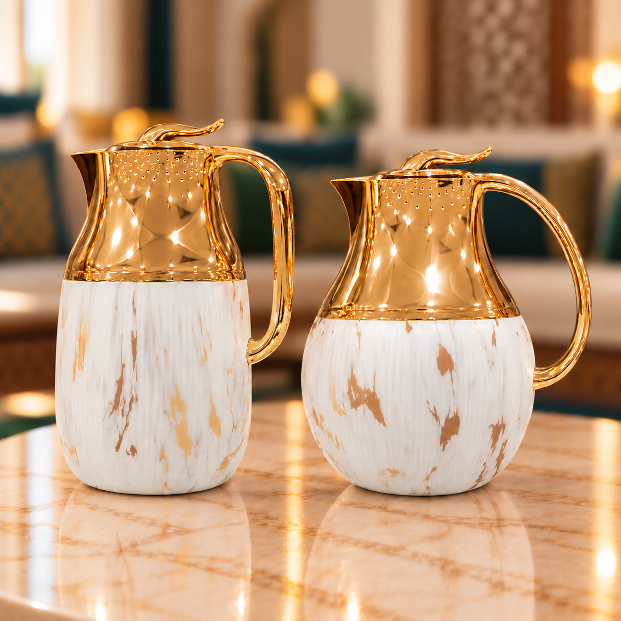 Rafeeva Gold Neck Round Thermos Set of 2 in White Marble