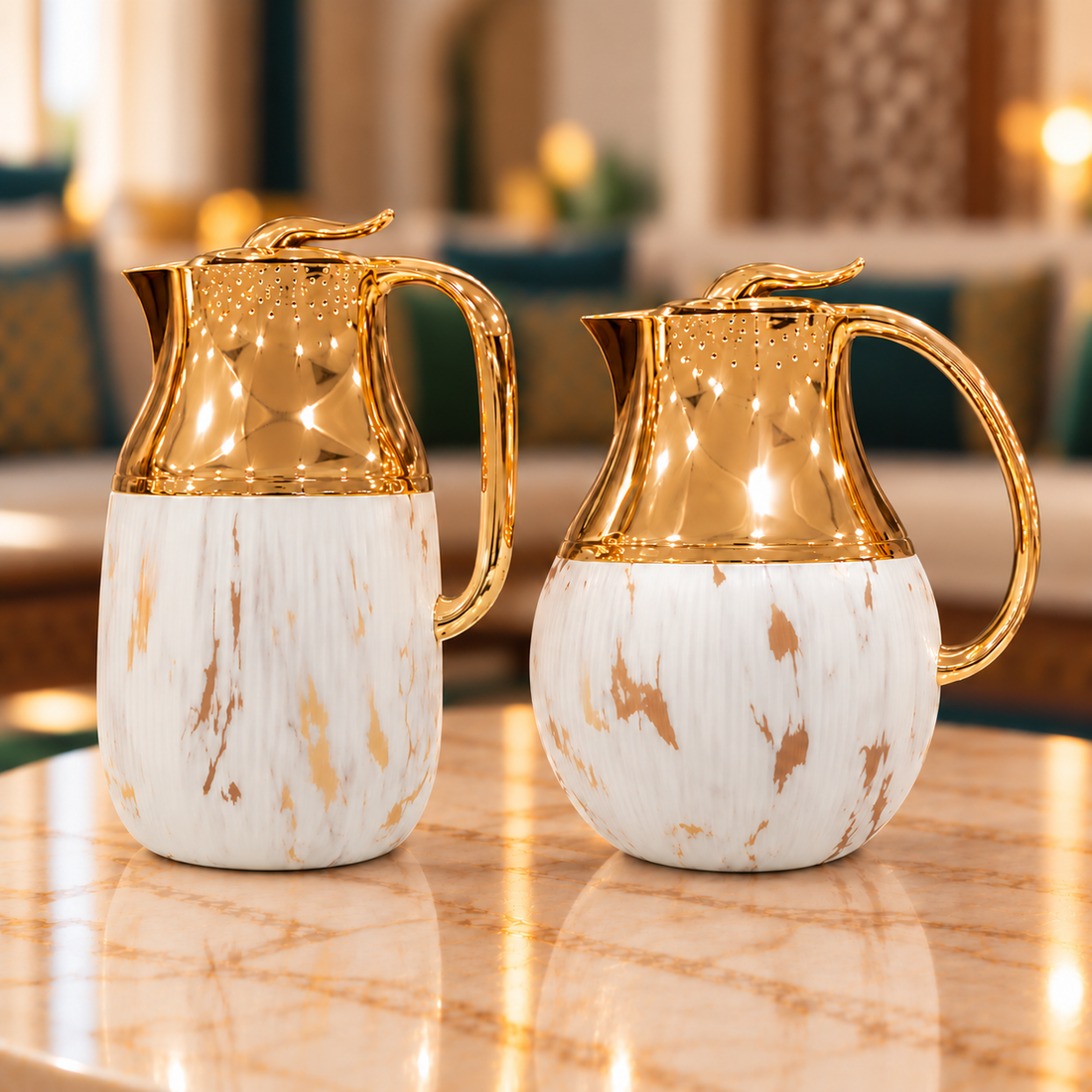 Rafeeva Gold Neck Round Thermos Set of 2 in White Marble
