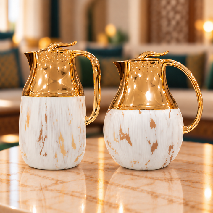 Rafeeva Gold Neck Round Thermos Set of 2 in White Marble