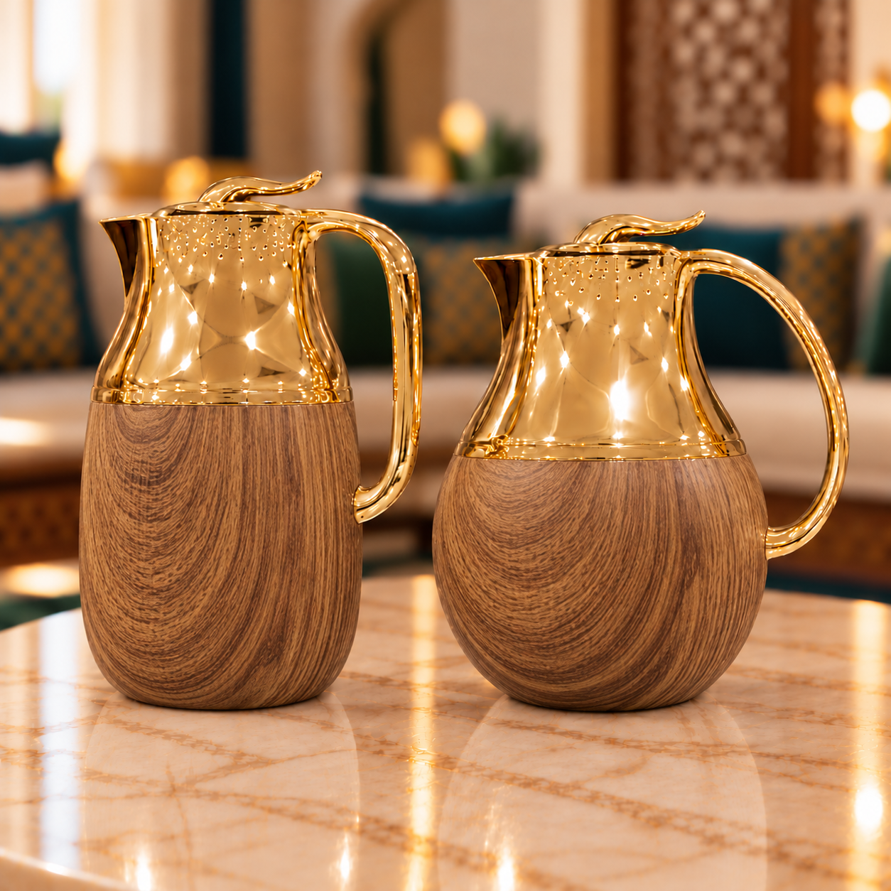 Rafeeva Gold Neck Round Thermos Set of 2 in Wood