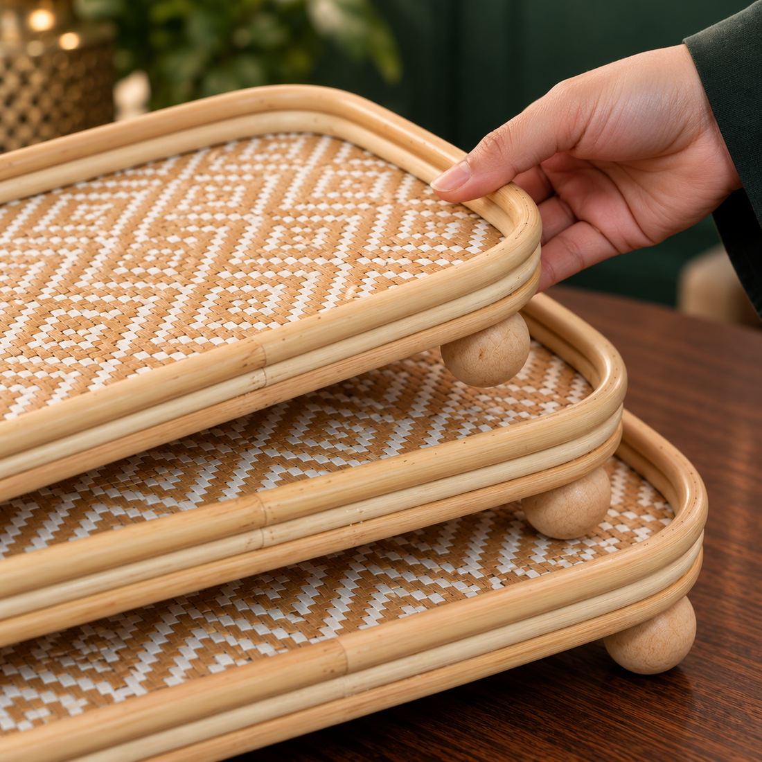 Hand lifting a stack of handwoven rattan serving trays