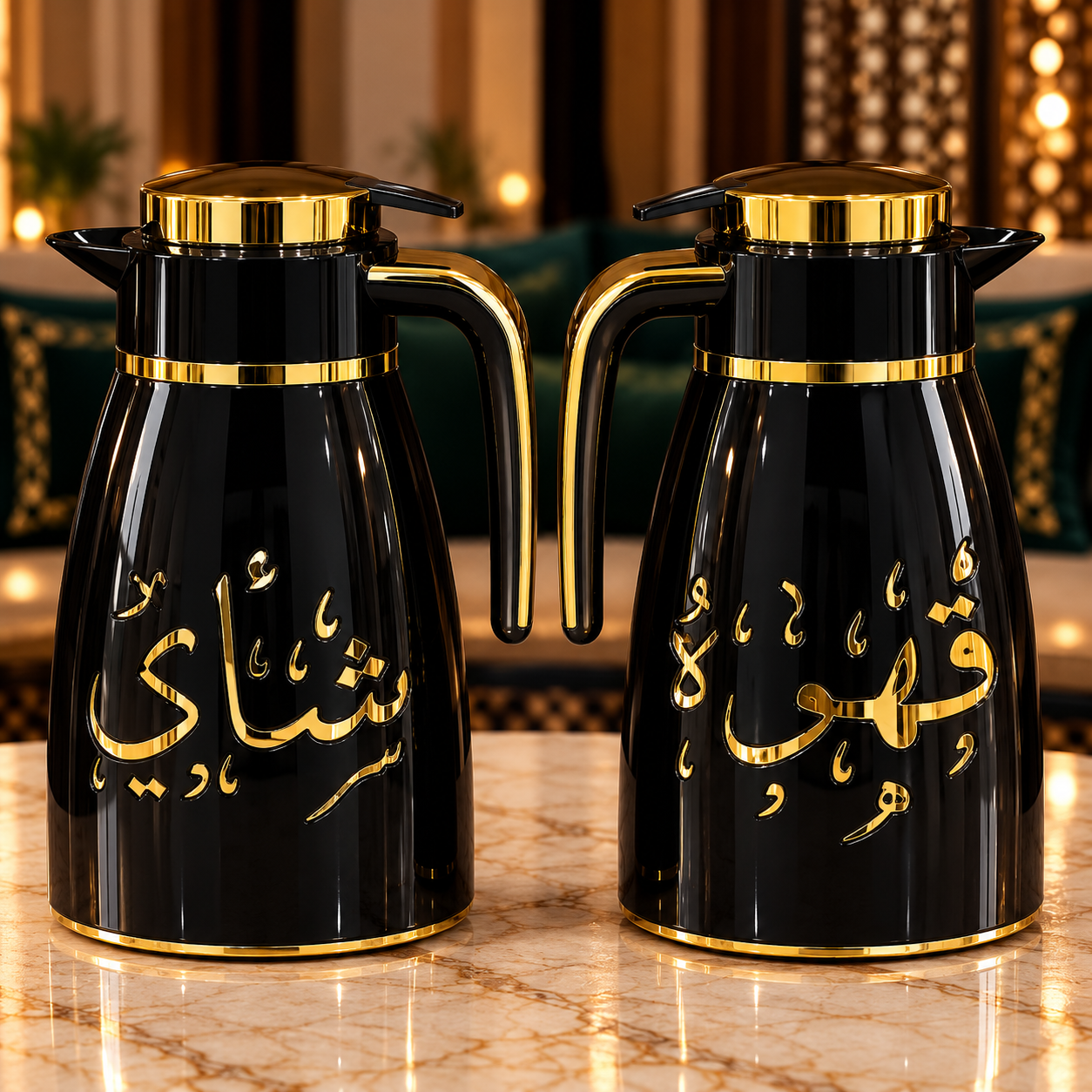 Rafeeva Arabic calligraphy kahwa and tea thermos set, black with gold, 2 pieces 1L each