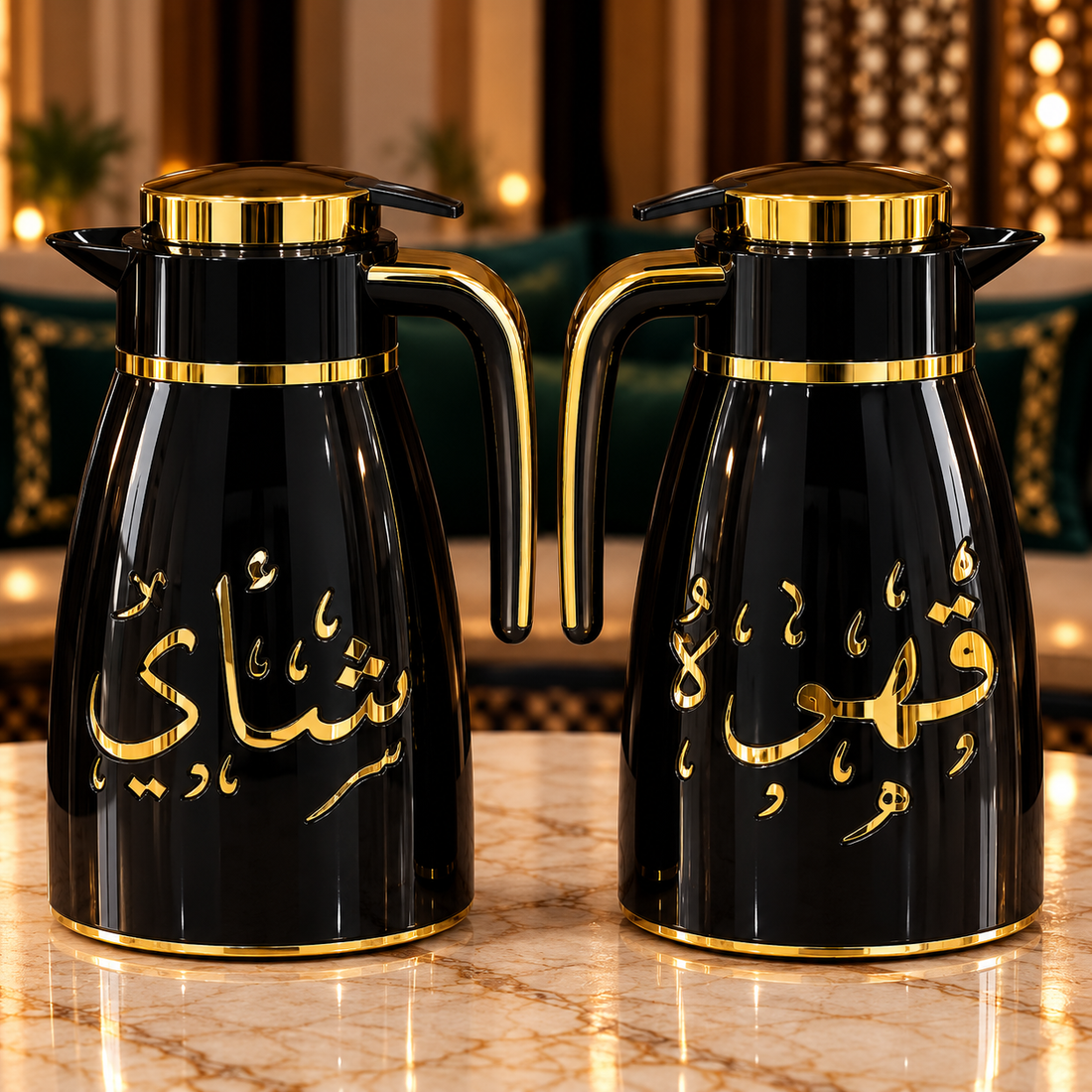 Rafeeva Arabic calligraphy kahwa and tea thermos set, black with gold, 2 pieces 1L each