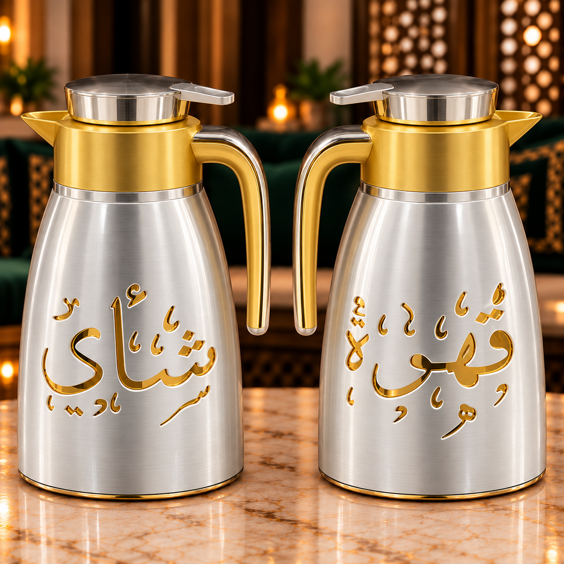 Rafeeva Arabic calligraphy kahwa and tea thermos set, silver, 2 pieces