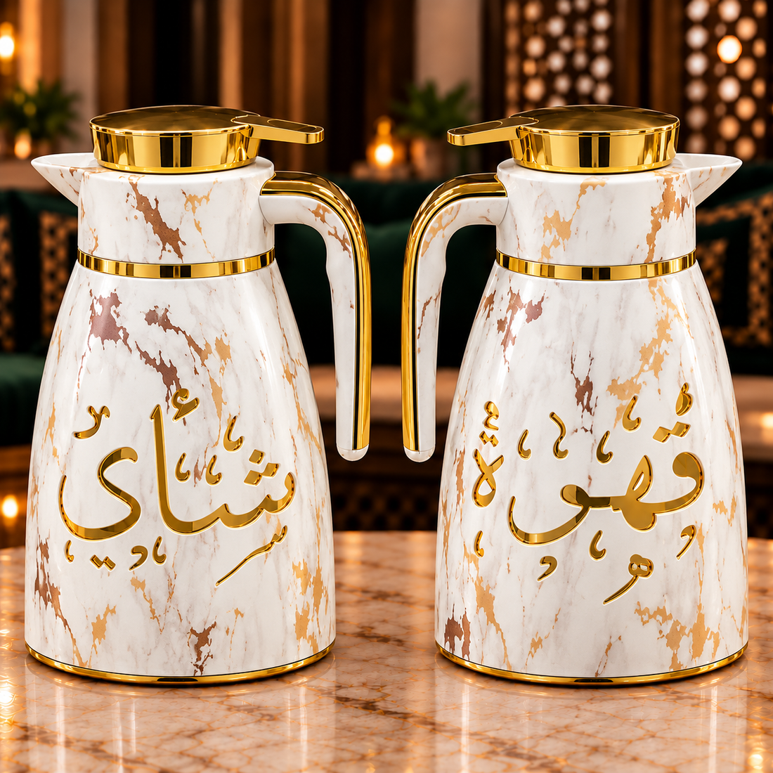 Rafeeva Arabic calligraphy kahwa and tea thermos set, white marble, 2 pieces