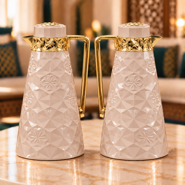 Rafeeva diamond faceted kahwa and tea thermos set, blush beige with gold collar, 2 pieces 1L each