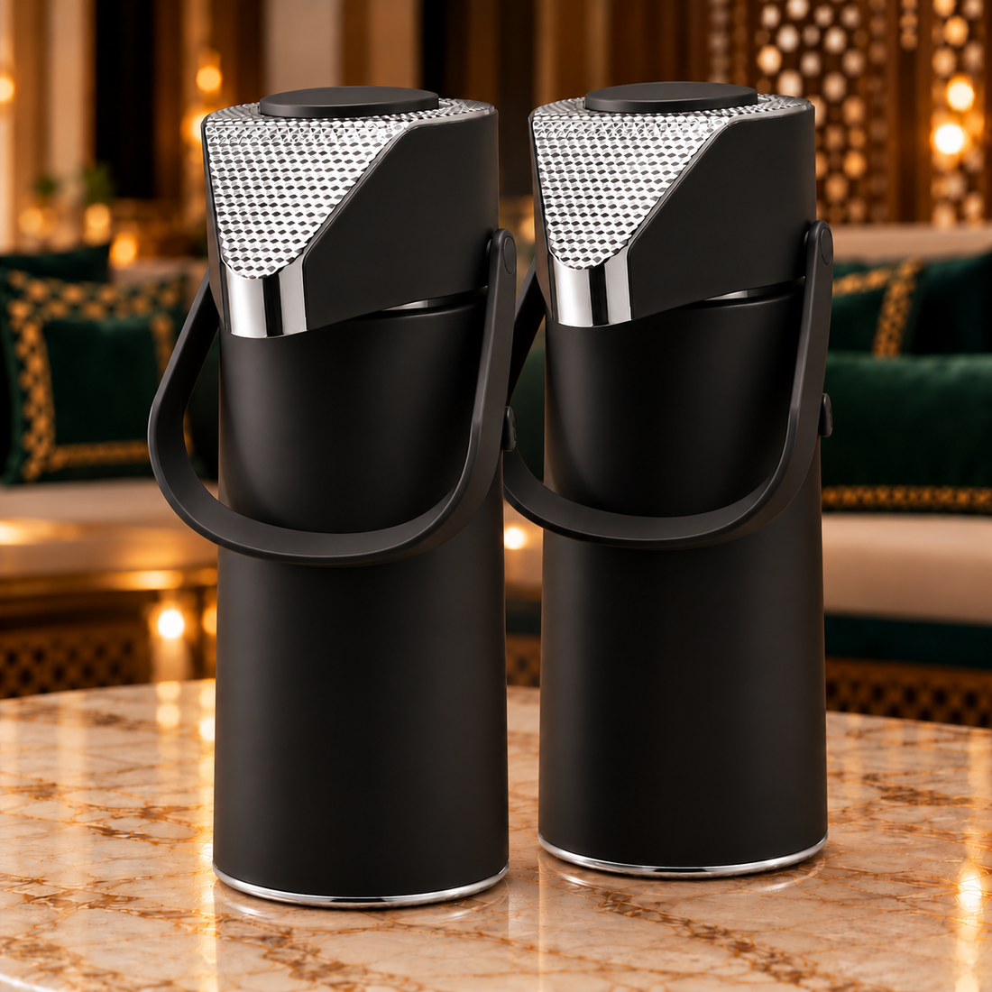 Rafeeva push-top kahwa and tea thermos set, black and silver, 2 pieces 1L each