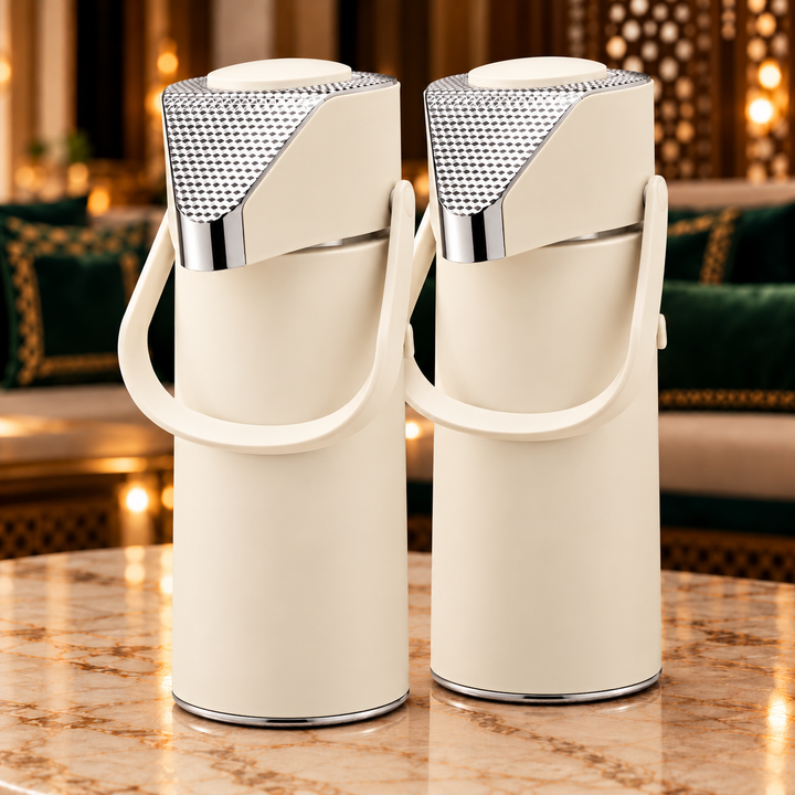 Rafeeva push-top kahwa and tea thermos set, white and silver, 2 pieces 1L each