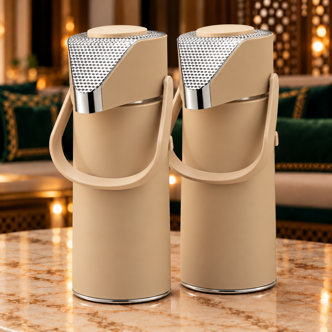 Rafeeva push-top kahwa and tea thermos set, beige and silver, 2 pieces 1L each