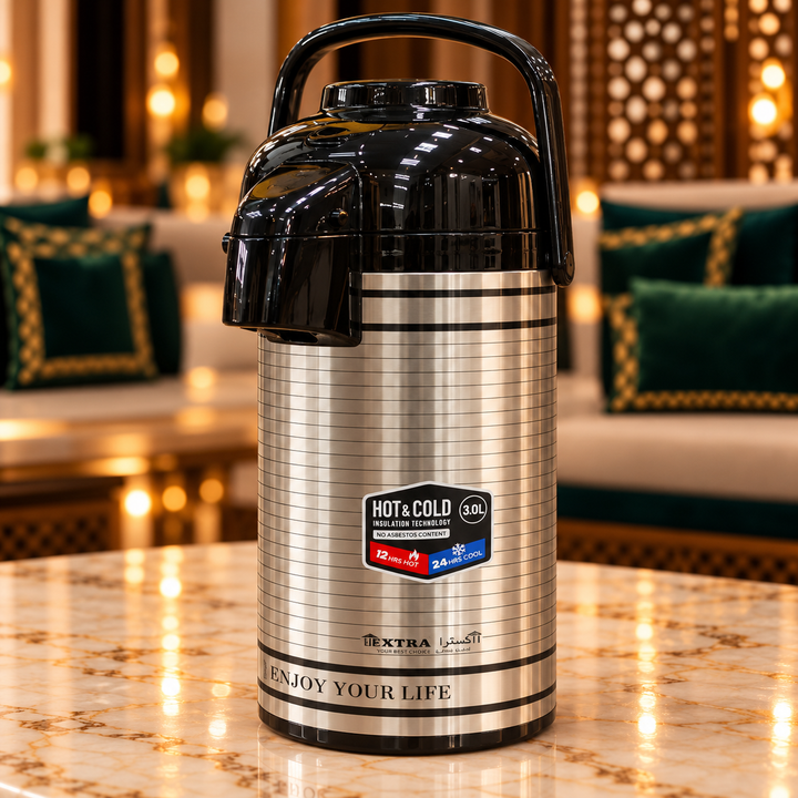 Rafeeva black 3 liter pump thermos, hot and cold, with carry handle