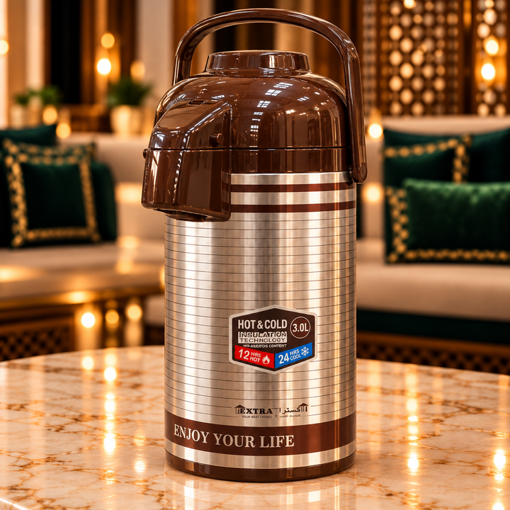 Rafeeva brown 3 liter pump thermos, hot and cold, with carry handle