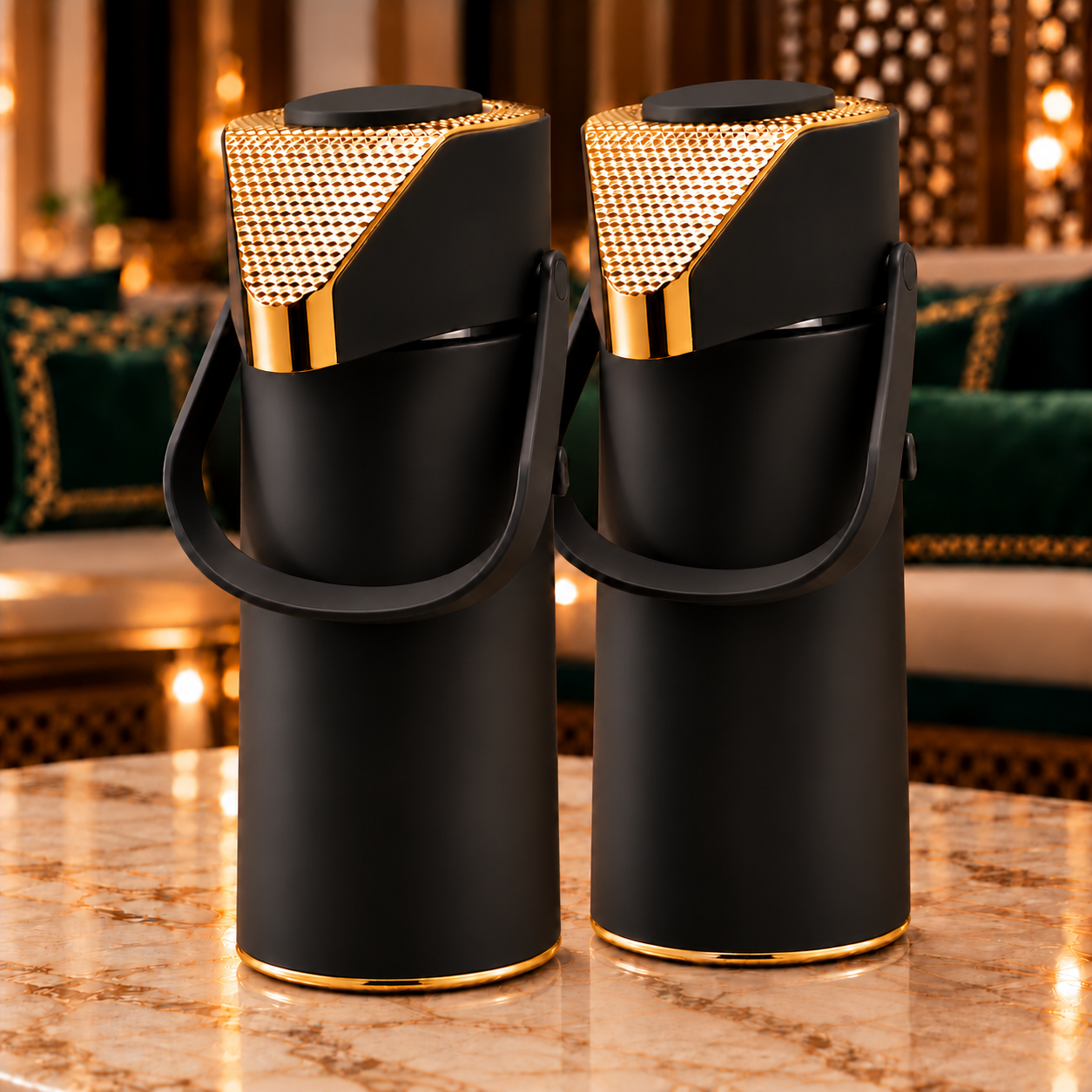 Rafeeva push-top kahwa and tea thermos set, black and gold, 2 pieces 1L each