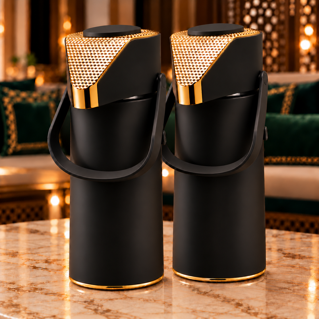 Rafeeva push-top kahwa and tea thermos set, black and gold, 2 pieces 1L each