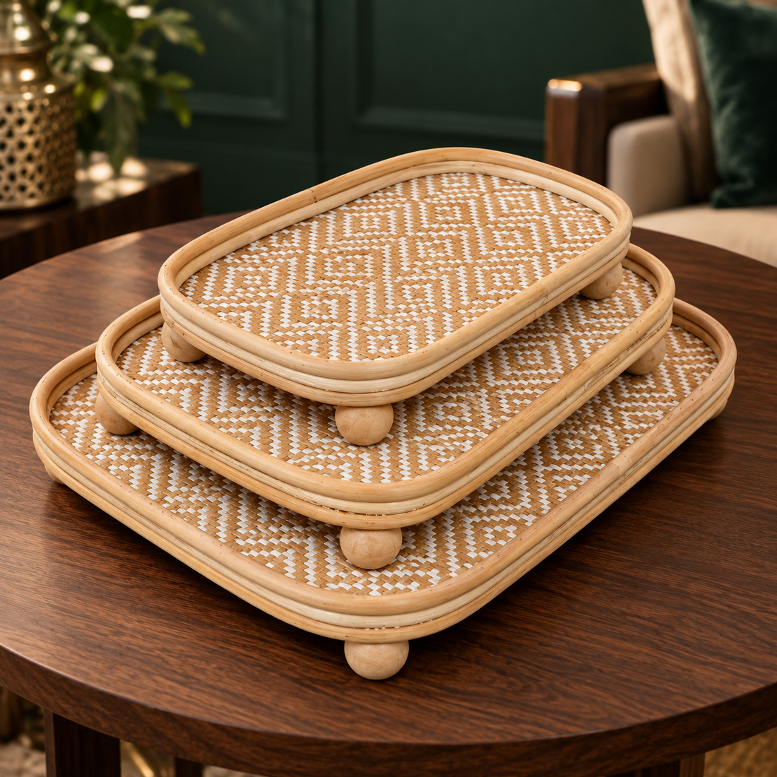Set of 3 nesting handwoven rattan serving trays with wooden ball feet on a walnut table