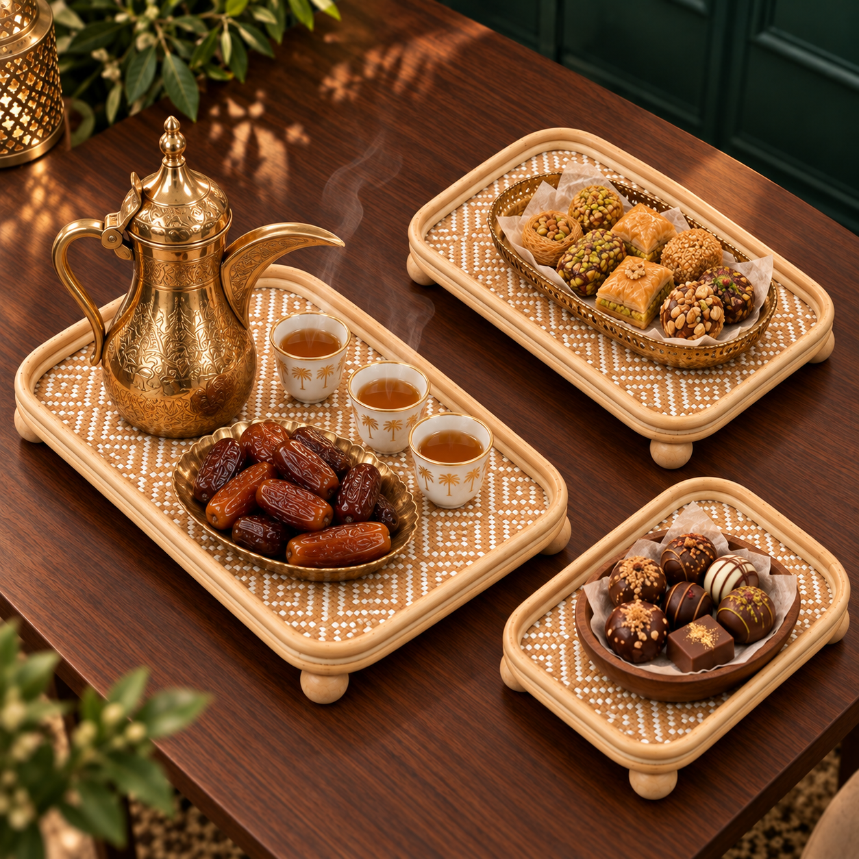Three rattan serving trays with Arabic coffee, dates, pastries and chocolates