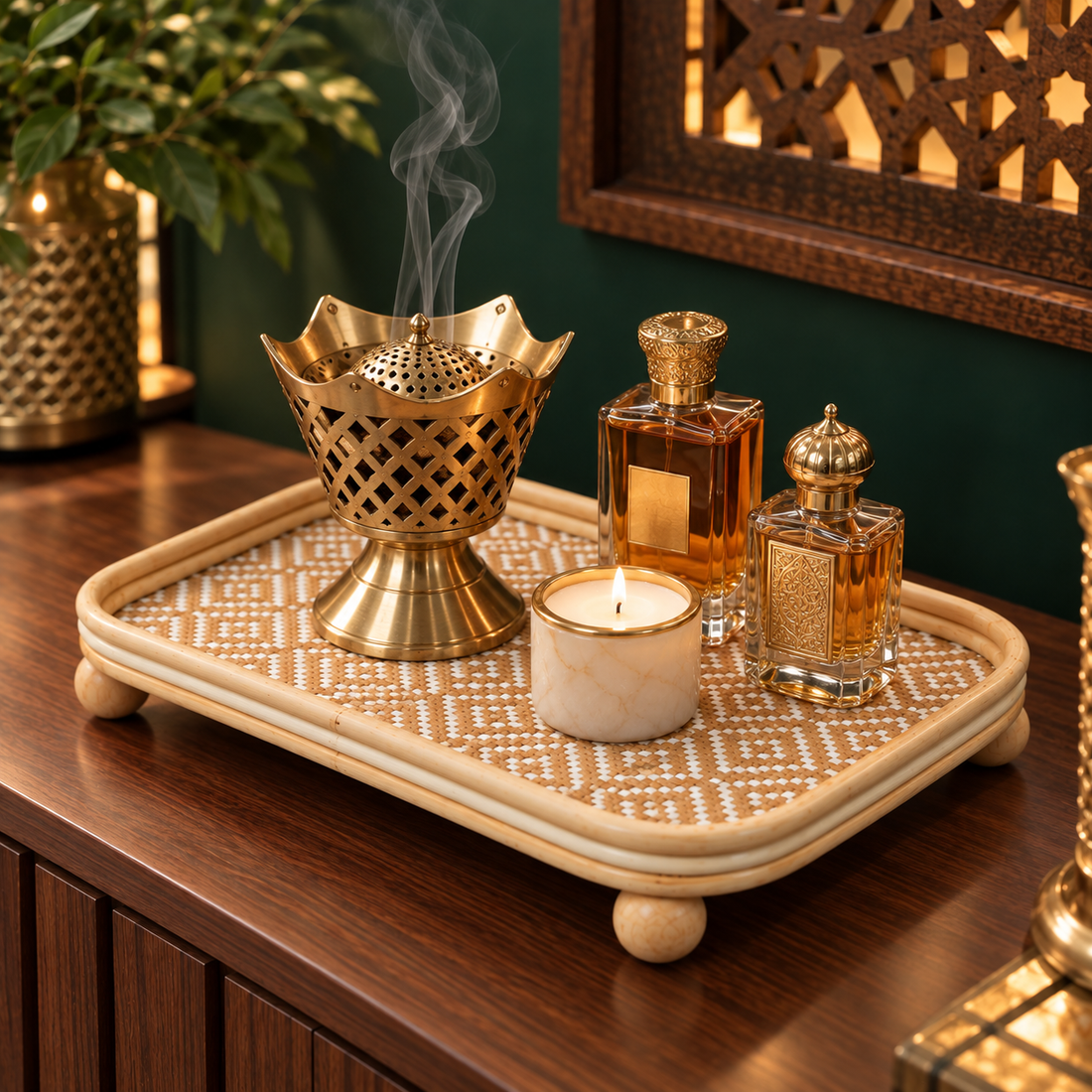 Rattan tray styled with a gold incense burner, perfume bottles and a candle on a console