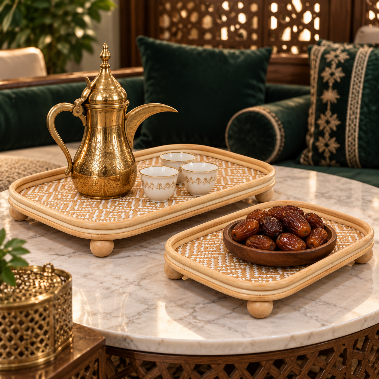 Rattan serving trays with an Arabic coffee dallah, cups and dates on a marble majlis table
