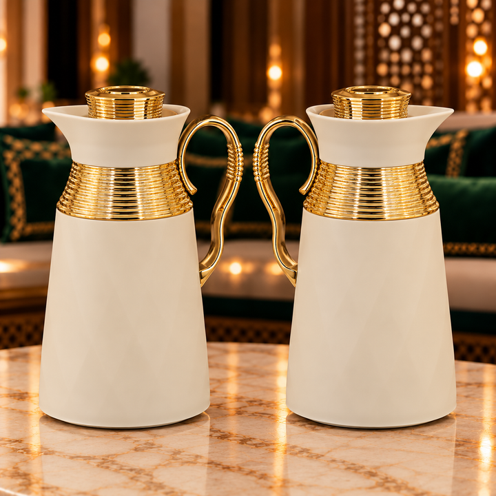 Rafeeva Ribbed Gold Band Thermos Set of 2 in Cream