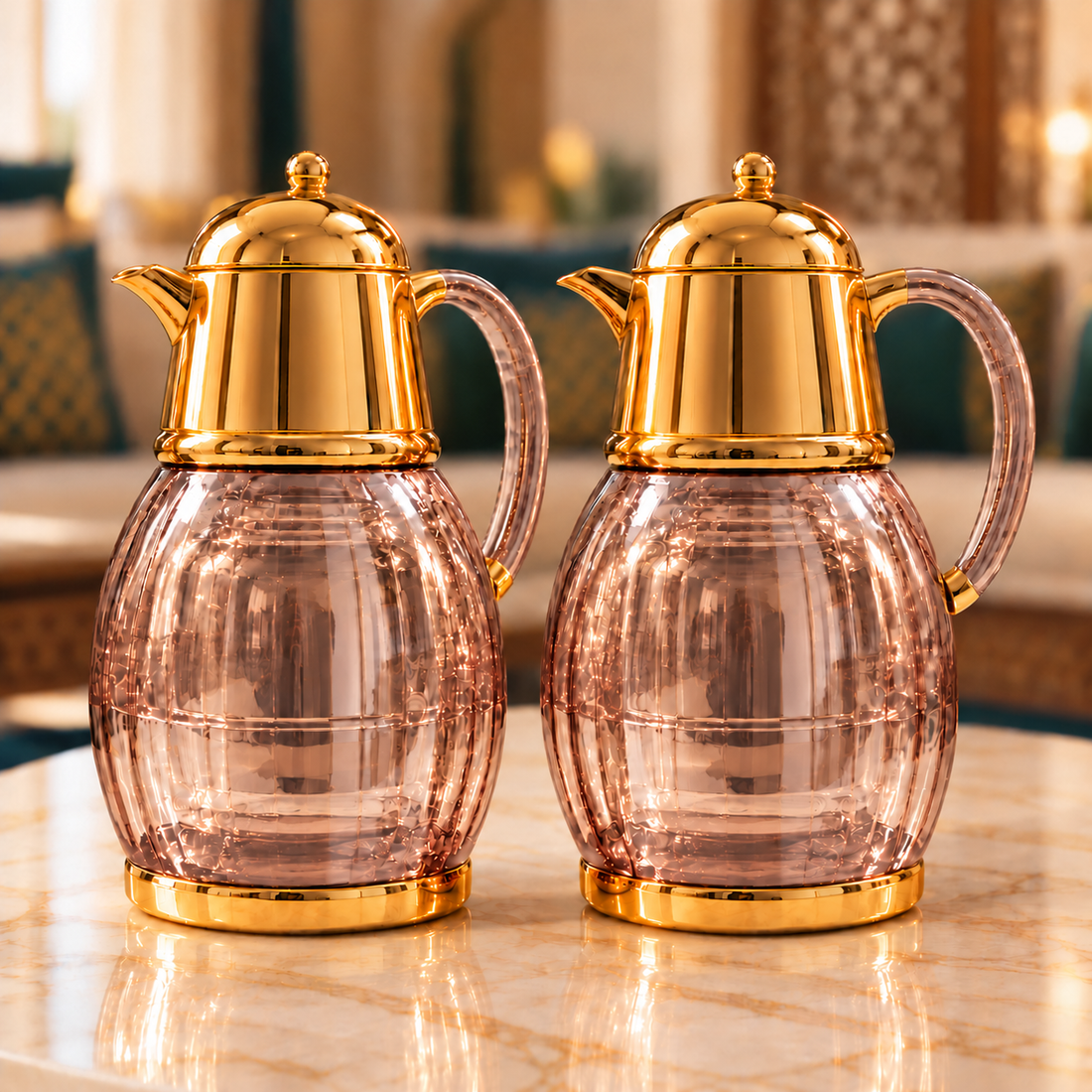 Rafeeva tinted glass-look kahwa and tea thermos set, blush pink, gold dome lid, 2 pieces 1L each