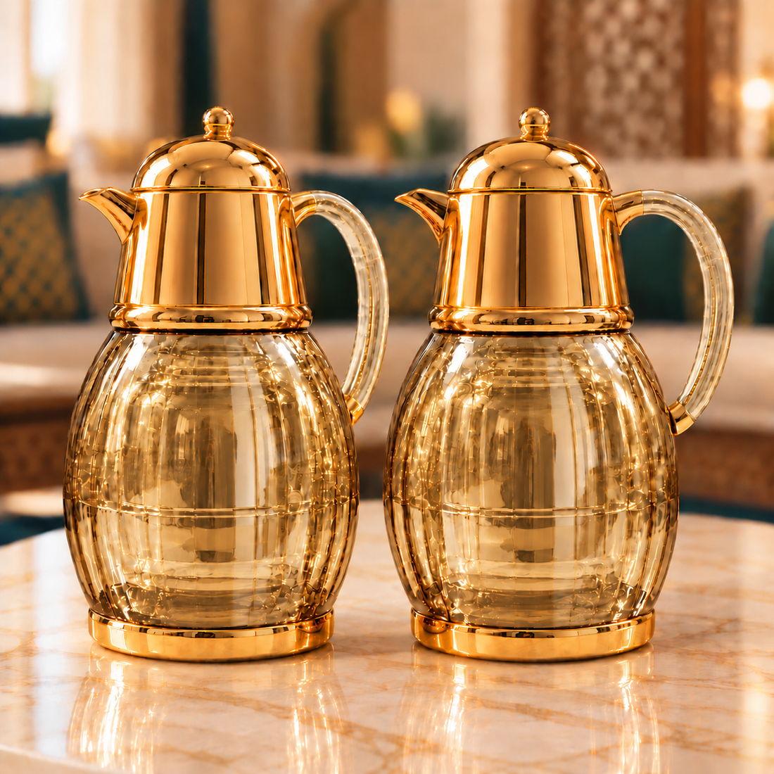 Rafeeva tinted glass-look kahwa and tea thermos set, gold amber, gold dome lid, 2 pieces 1L each