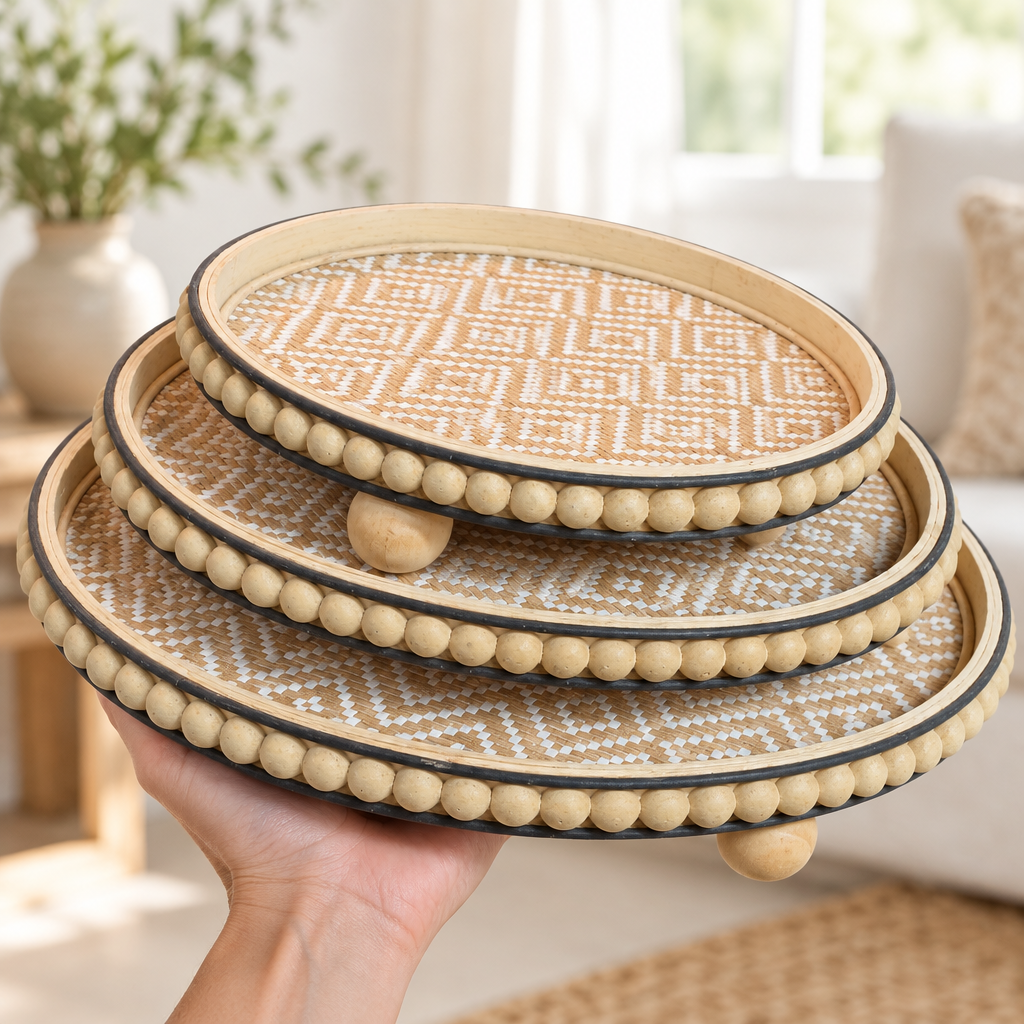 Tray set held by hand in a bright home