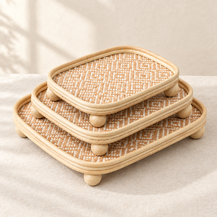 Diyafa Handcrafted Footed Rattan Tray Set (Set of 3)